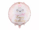 PartyDeco foil balloon featuring a colorful "Happy Birthday" design with a cute kitty, 14-inch size, perfect for celebrations.