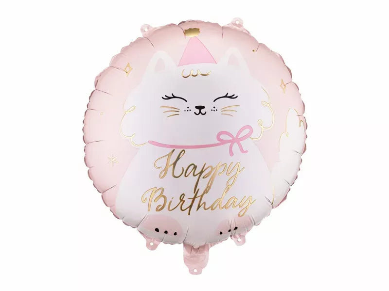 PartyDeco foil balloon featuring a colorful "Happy Birthday" design with a cute kitty, 14-inch size, perfect for celebrations.