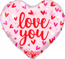 Prima Love You foil balloon with confetti hearts, 18-inch, shiny metallic finish, designed for celebrations and special occasions.