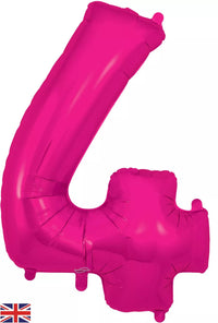 Oaktree pink foil balloon shaped as the number 4, 34 inches tall, with shiny metallic surface and decorative design.