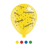 Assorted 10-inch APAC latex balloons with "Congratulations" printed in colorful designs for celebrations.