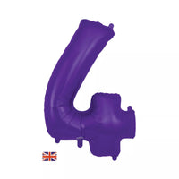 Purple Oaktree foil balloon shaped as the number 4, measuring 34 inches, perfect for celebrations and party decor.