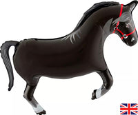 Oaktree Metallic Black 35-inch horse foil balloon with shiny metallic finish, floating against a plain background.