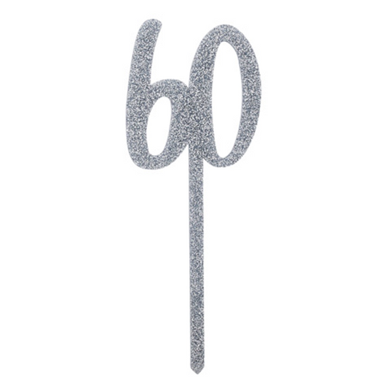 Silver Glitter Acrylic Age 60 Cake Topper