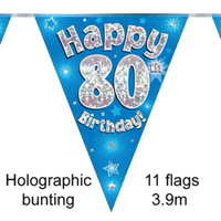 Bunting 11 Flags Blue Holographic Birthday Age 80