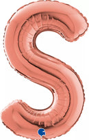 Rose gold Grabo foil balloon in the shape of the letter S, measuring 26 inches, with shiny metallic finish.