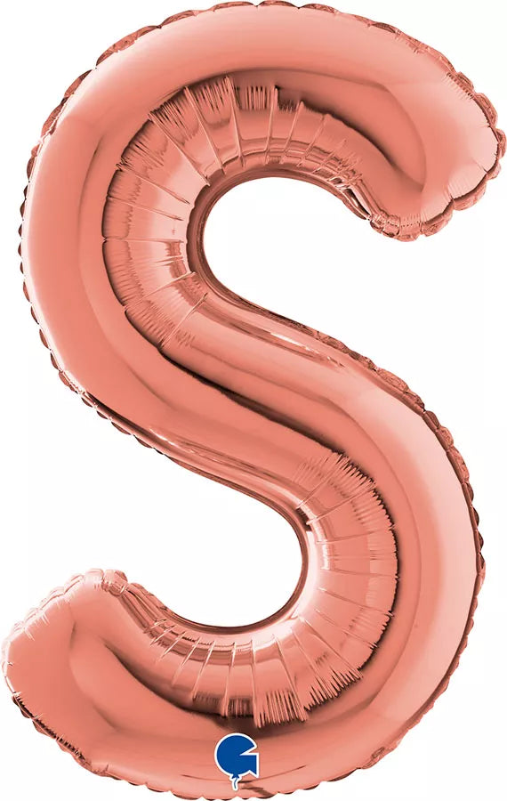 Rose gold Grabo foil balloon in the shape of the letter S, measuring 26 inches, with shiny metallic finish.