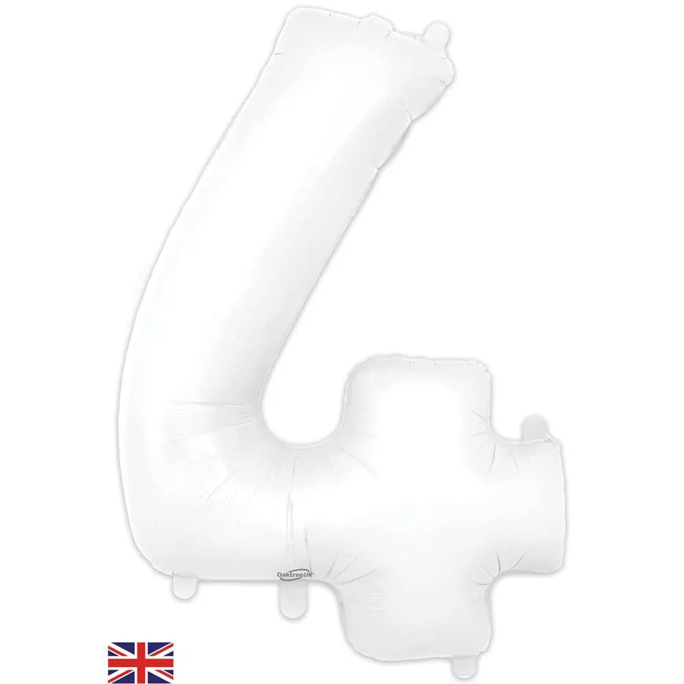 White Oaktree foil balloon shaped as the number 4, measuring 34 inches tall, with shiny metallic surface.