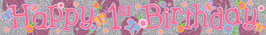 1st Birthday Silver/Pink Banner 2.6M 6pk