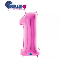 Fuchsia Grabo foil balloon shaped as the number 1, 40 inches tall, shiny and vibrant for celebration decorations