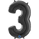 Black Grabo foil balloon in the shape of number 3, 26 inches tall, with shiny metallic finish and bold numeral design.