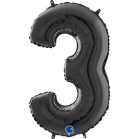Black Grabo foil balloon in the shape of number 3, 26 inches tall, with shiny metallic finish and bold numeral design.