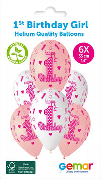 Gemar 1st birthday girl latex printed balloons, 13-inch size, six-pack, colorful birthday celebration decorations