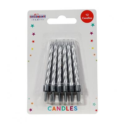 APAC silver party candles, 36-pack of 6x6 candles, arranged in a display, ideal for celebration events and decorations.