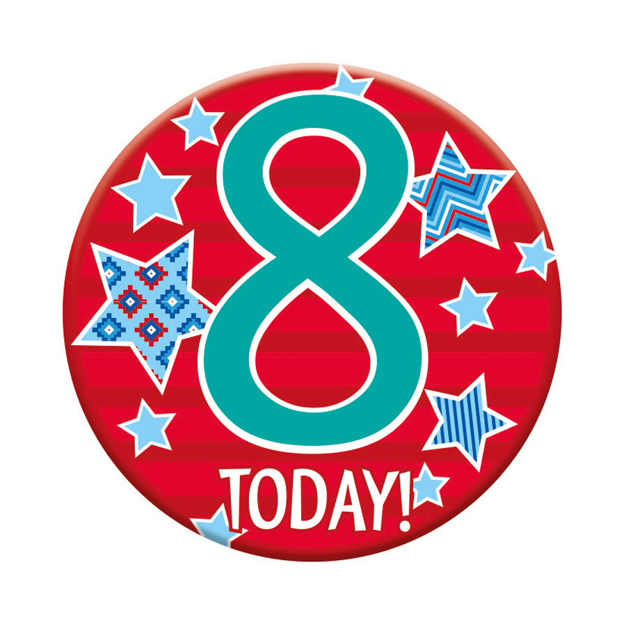 Six small Tiger Feet birthday badges featuring the age 8, perfect for celebrating or party decorations.