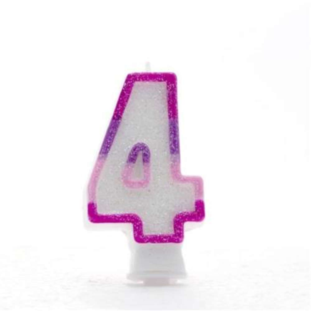 APAC 6-pack pink glitter number 4 party candles, colorful and decorative for celebrations and birthday cakes.