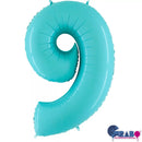 Pastel blue Grabo foil balloon in the shape of number 9, measuring 40 inches, perfect for celebrations and decorations.