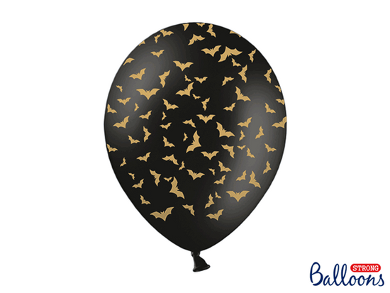 Halloween Pastel Black With Gold Bats Latex Balloons 6pk