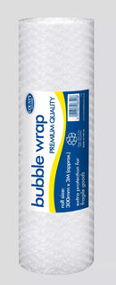 Premium County Stationery bubble wrap roll, 30cm by 3m, showing clear plastic with evenly spaced air bubbles for protection.