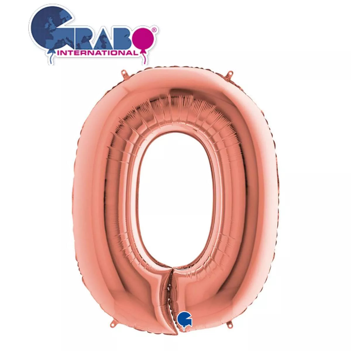 Rose gold Grabo foil balloon shaped as number 0, 40 inches tall, with shiny metallic finish for celebration and special occasions.