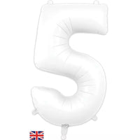 Oaktree White 34-inch foil number 5 balloon, shiny metallic finish with reflective surface, suitable for celebration decorations.