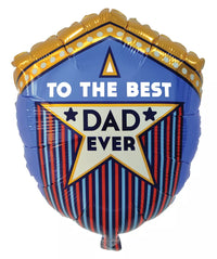 Sensations Best Dad Ever 23-inch foil balloon with bold gold lettering, helium-filled, suitable for celebrating Father’s Day.