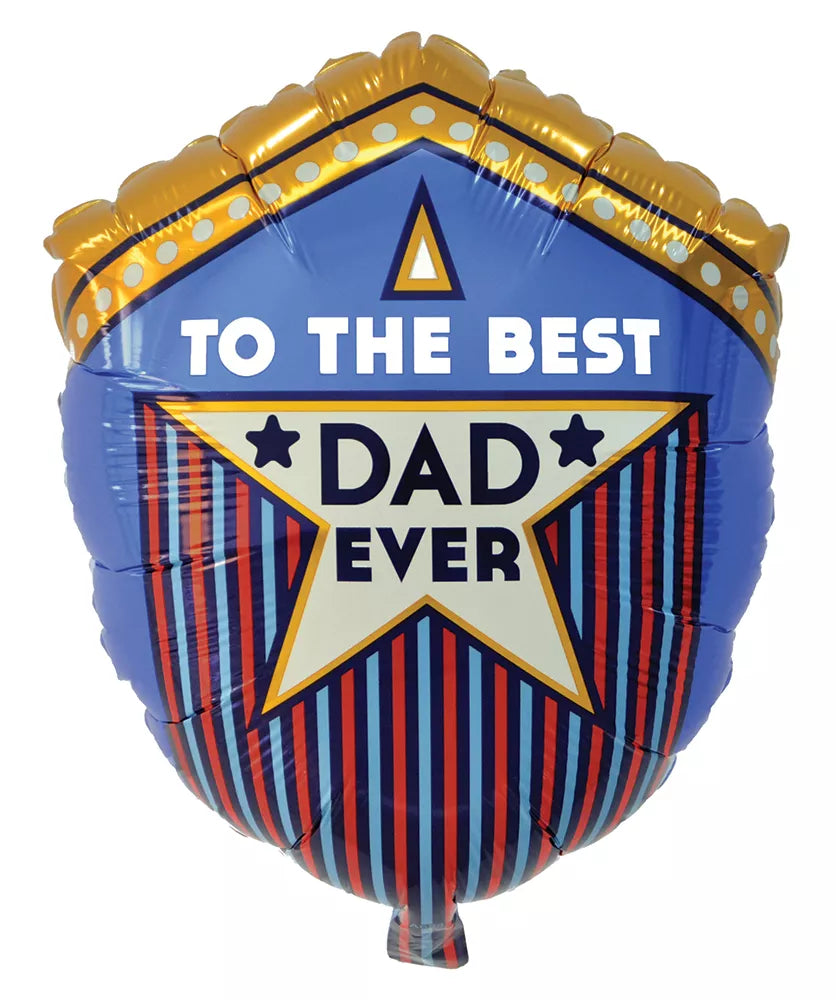 Sensations Best Dad Ever 23-inch foil balloon with bold gold lettering, helium-filled, suitable for celebrating Father’s Day.