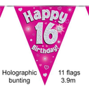 Bunting 11 Flags Pink Holographic Birthday Age 16