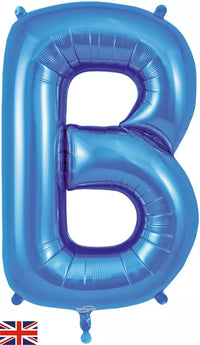 Blue Oaktree foil balloon shaped as the letter B, 34 inches tall, shiny surface, suitable for celebrations and party decorations.