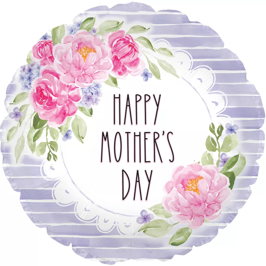 TRI foil balloon featuring Mother's Day peonies design, 17-inch size, celebration balloon with floral print.