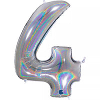 Silver foil balloon in the shape of the number 4 with holographic glitter, branded by Grabo, measuring 40 inches in height.