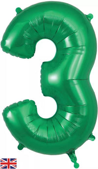 Oaktree green foil balloon shaped as the number 3, 34 inches tall, shiny and reflective, perfect for celebrations and decorations