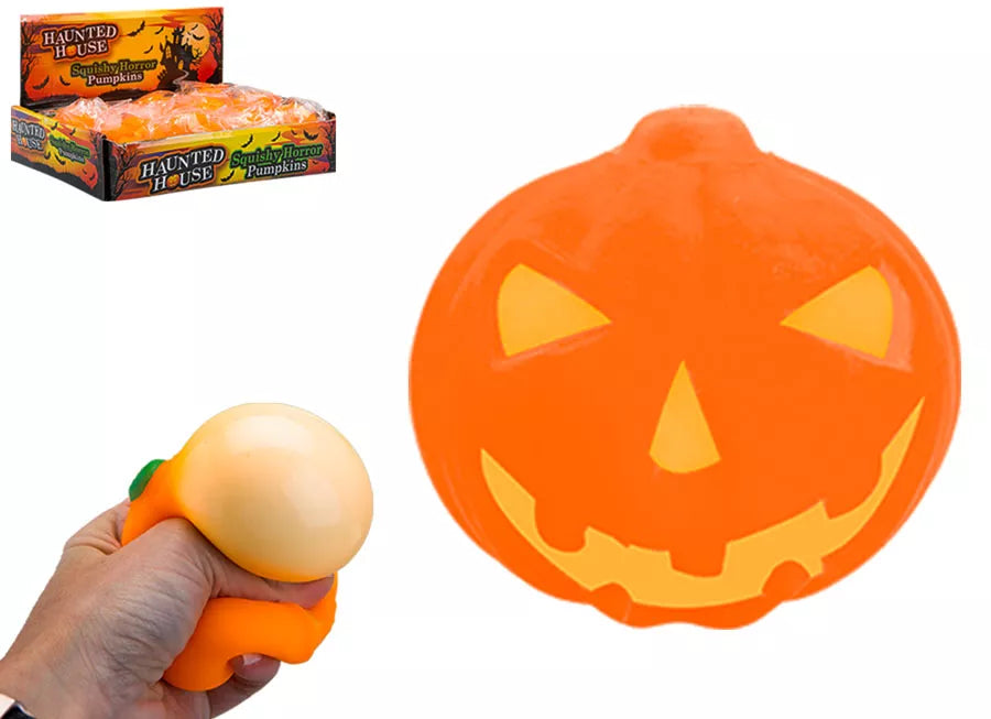 Soft squishy pumpkin toy, 7cm size, by PMS International, with bright orange color and textured surface, ideal for squeezing and play.