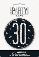 Black Glitz Age 30 badge by Unique, 3-inch decorative badge with sparkling black design and "Age 30" text.