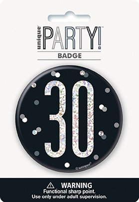 Black Glitz Age 30 badge by Unique, 3-inch decorative badge with sparkling black design and "Age 30" text.