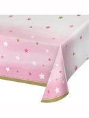 Creative Party pink table cover featuring twinkle little star design, perfect for birthday parties and celebrations.