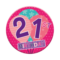 Six small Tiger Feet birthday badges with the number 21, featuring colorful designs for celebrating 21st birthdays.