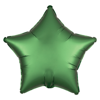 Anagram satin emerald star foil balloon, 18-inch size, shiny metallic finish, floating against a white background.