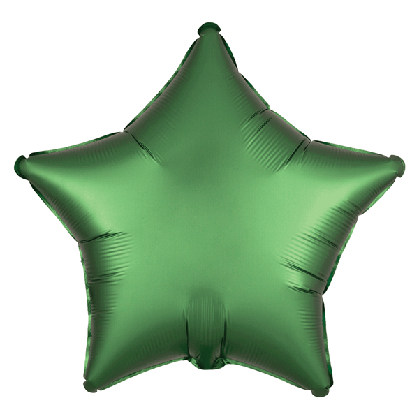 Anagram satin emerald star foil balloon, 18-inch size, shiny metallic finish, floating against a white background.