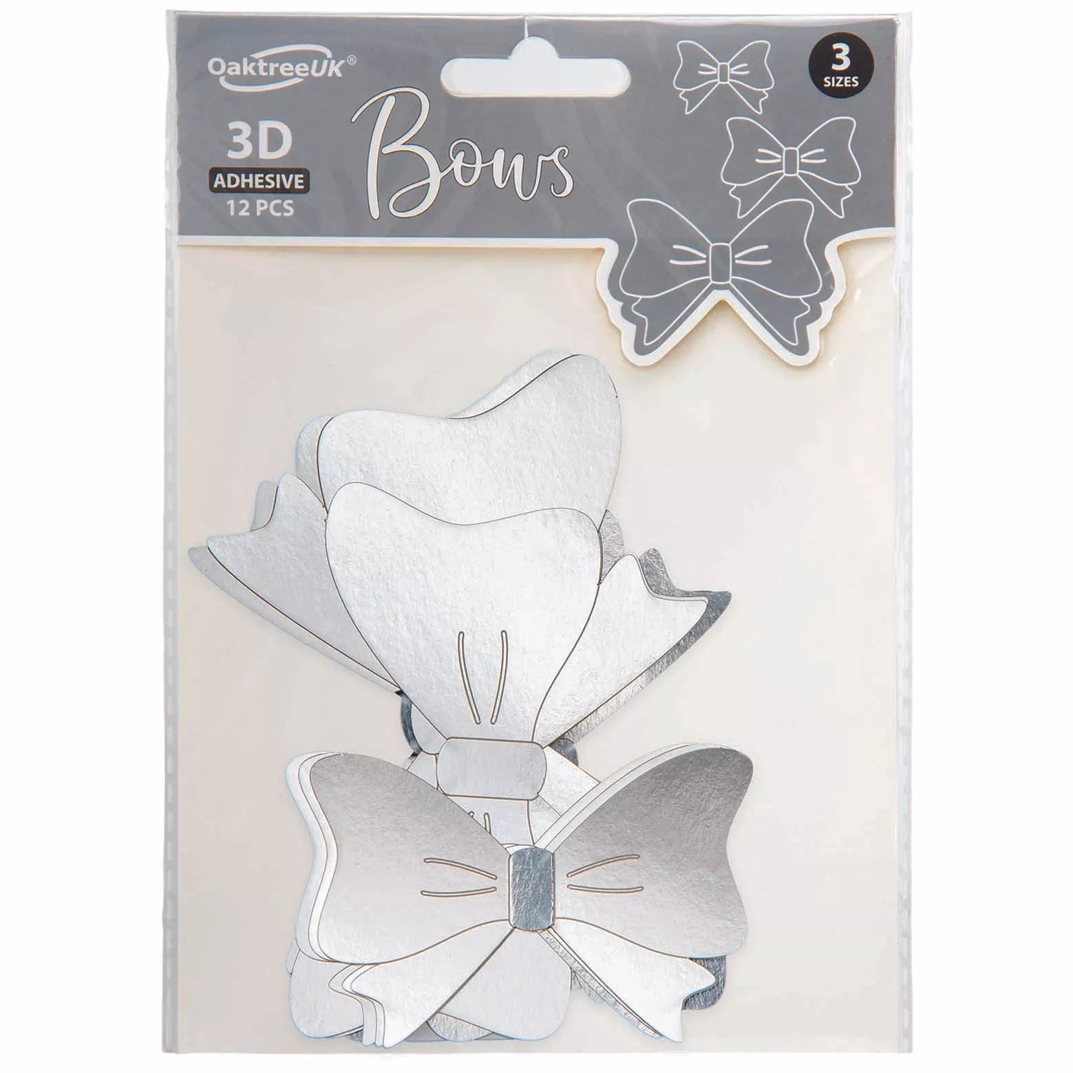Silver 3D adhesive bows from Oaktree, a set of 12 balloon accessories with decorative, shiny bows for party decorating.