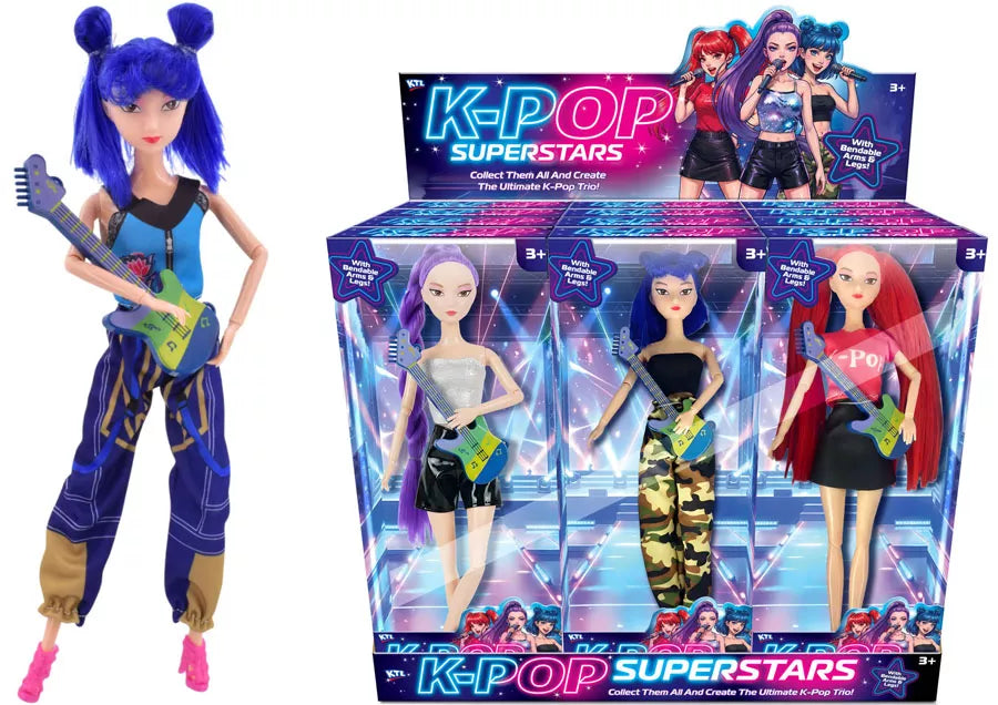 Set of 12 Kpop Superstar Dolls by Kandy Toys, 11.5-inch collectible toy figures with colorful outfits and detailed features.