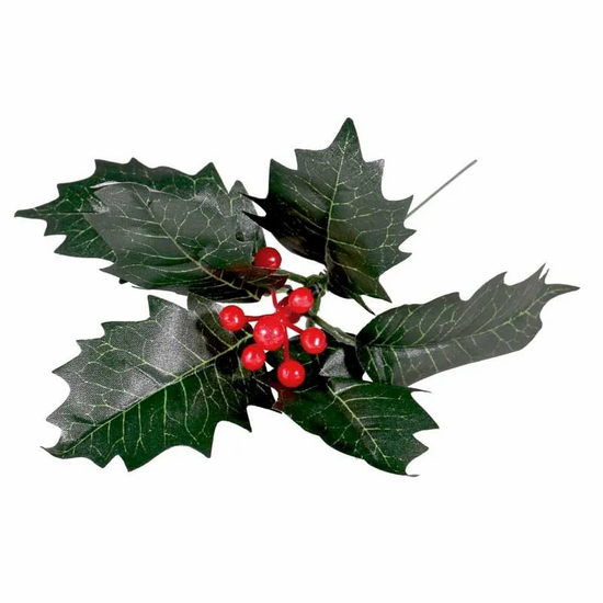 Red Berry And Holly Leaves 8" Pick