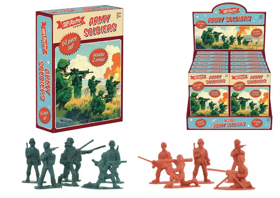 Colorful Retro Soldiers toy set by Kandy Toys featuring 60 plastic soldier figures in various poses and uniforms.