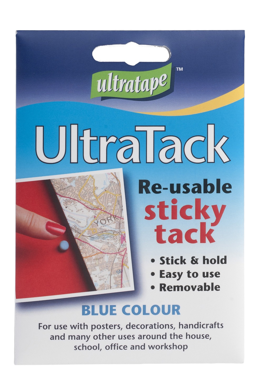 Ultratape Blu Tack reusable adhesive putty and glue dots for mounting and sticking to various surfaces.