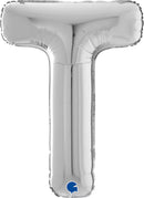 Silver Grabo foil balloon in the shape of the letter T, measuring 26 inches tall, with a shiny metallic finish.