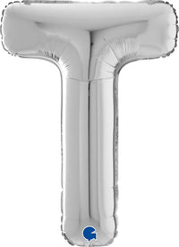 Silver Grabo foil balloon in the shape of the letter T, measuring 26 inches tall, with a shiny metallic finish.