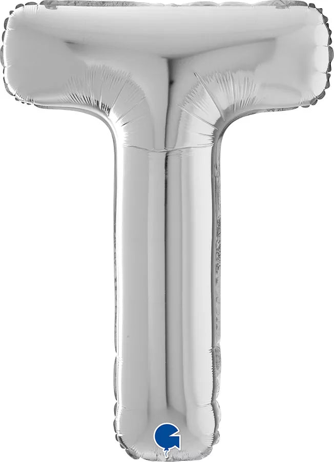 Silver Grabo foil balloon in the shape of the letter T, measuring 26 inches tall, with a shiny metallic finish.