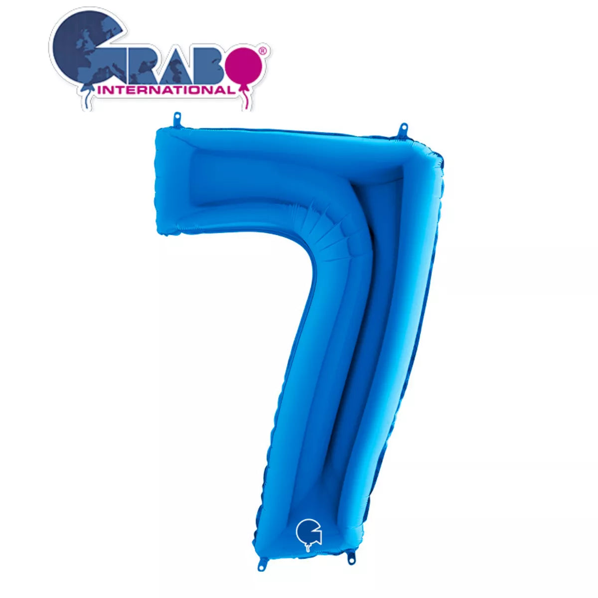 Blue Grabo foil balloon in the shape of the number 7, measuring 40 inches tall, perfect for celebrations and decorations.