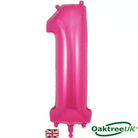 Oaktree Pink Number 1 foil balloon, 34-inch size, with shiny metallic finish, suitable for celebrations and party decorations.