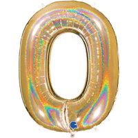 Gold Grabo foil balloon shaped as the number 0 with holographic glitter finish, measuring approximately 40 inches tall.